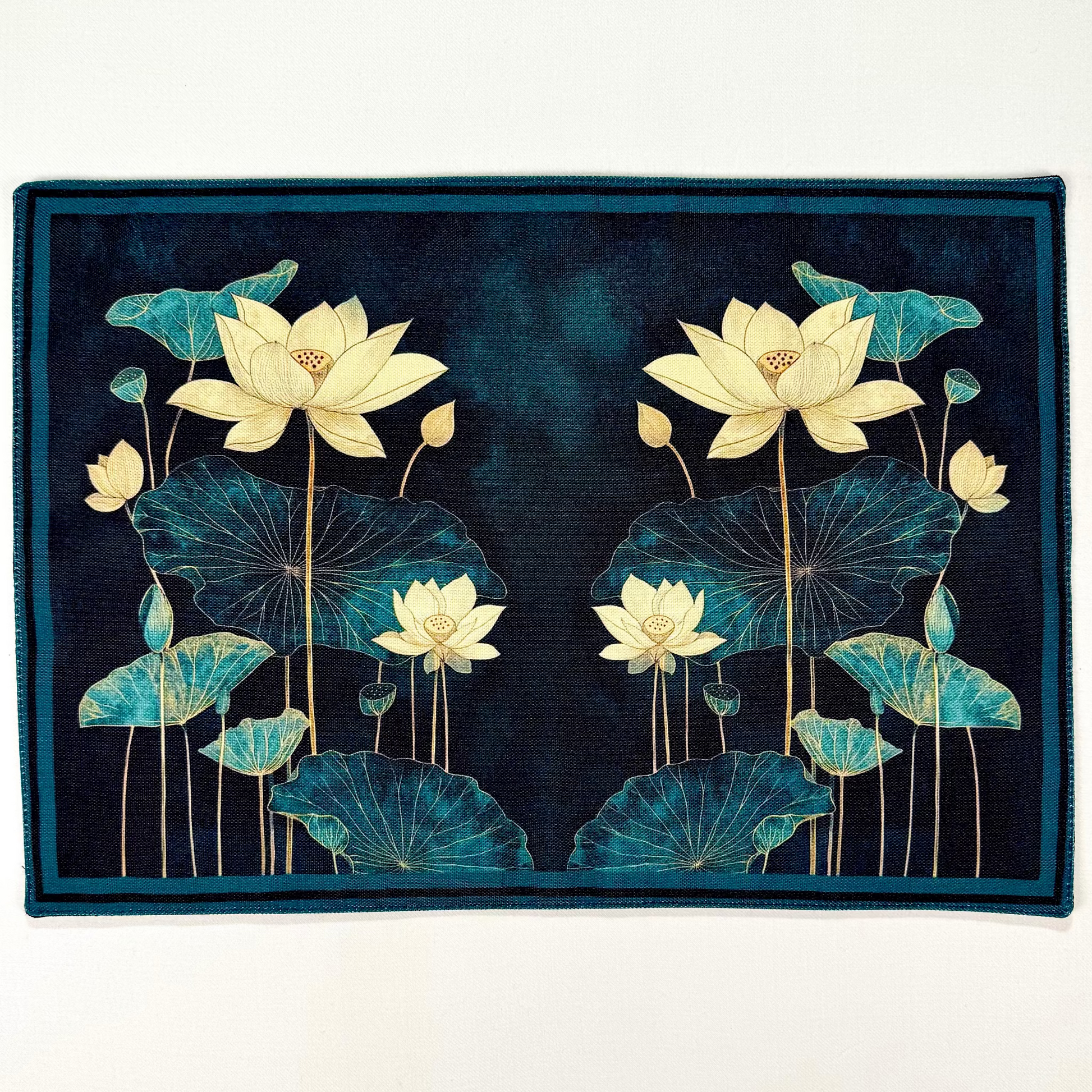 Decorative rug with lotus flower design on a dark blue background