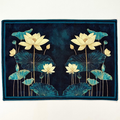 Decorative rug with lotus flower design on a dark blue background