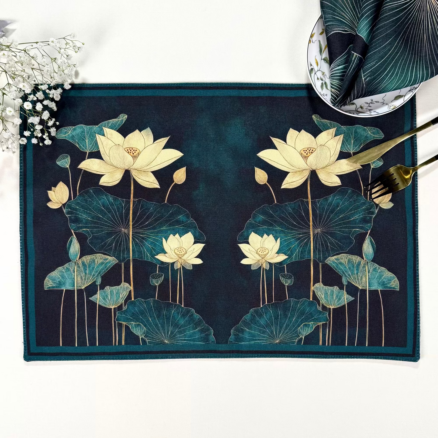 Placemat with lotus flower design on a white background