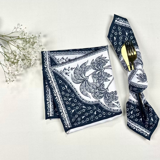 Navy blue bandana with white patterns on a light gray background